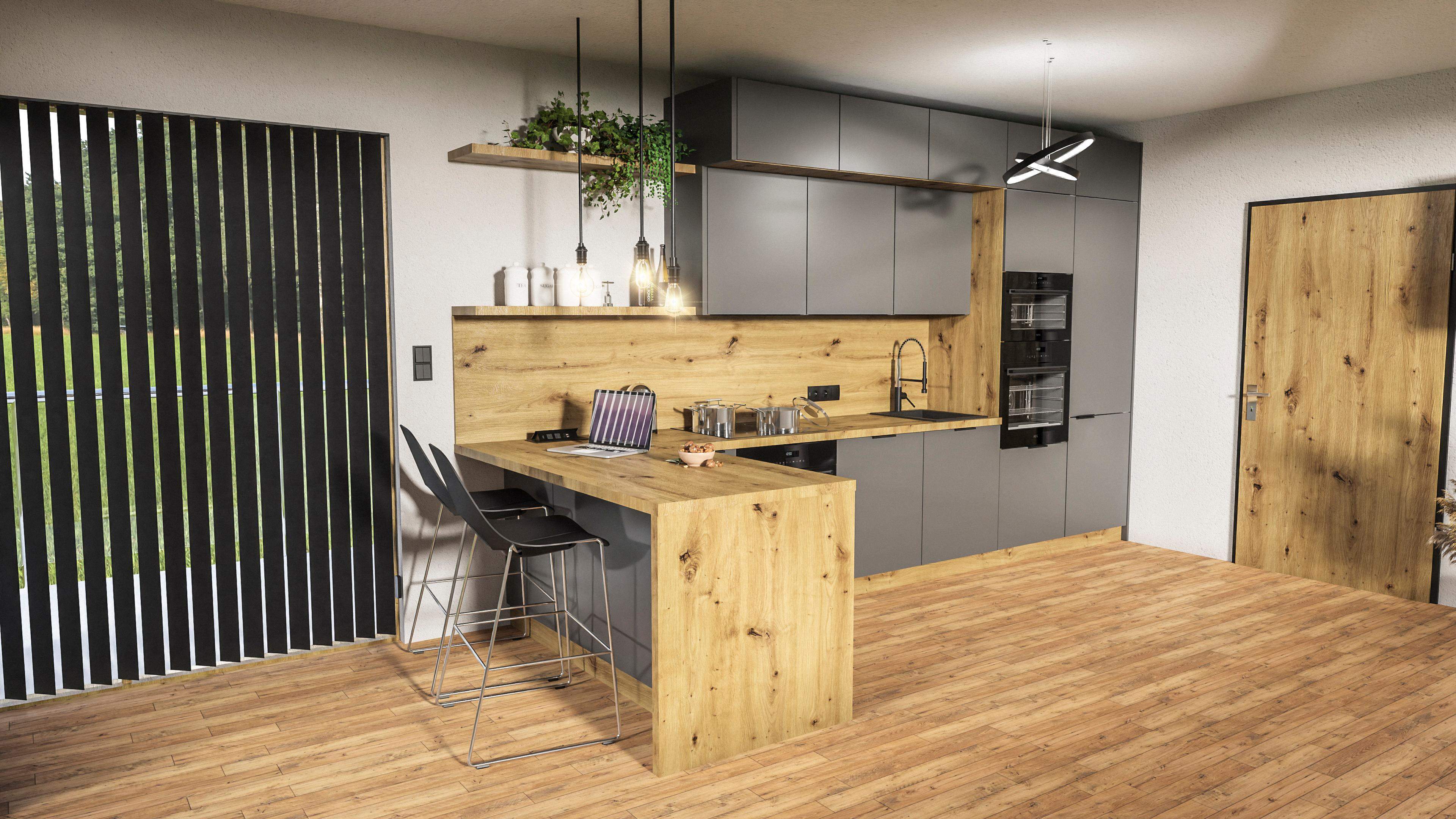 szara prosta kuchnia LOFT z drewnianym blatem 