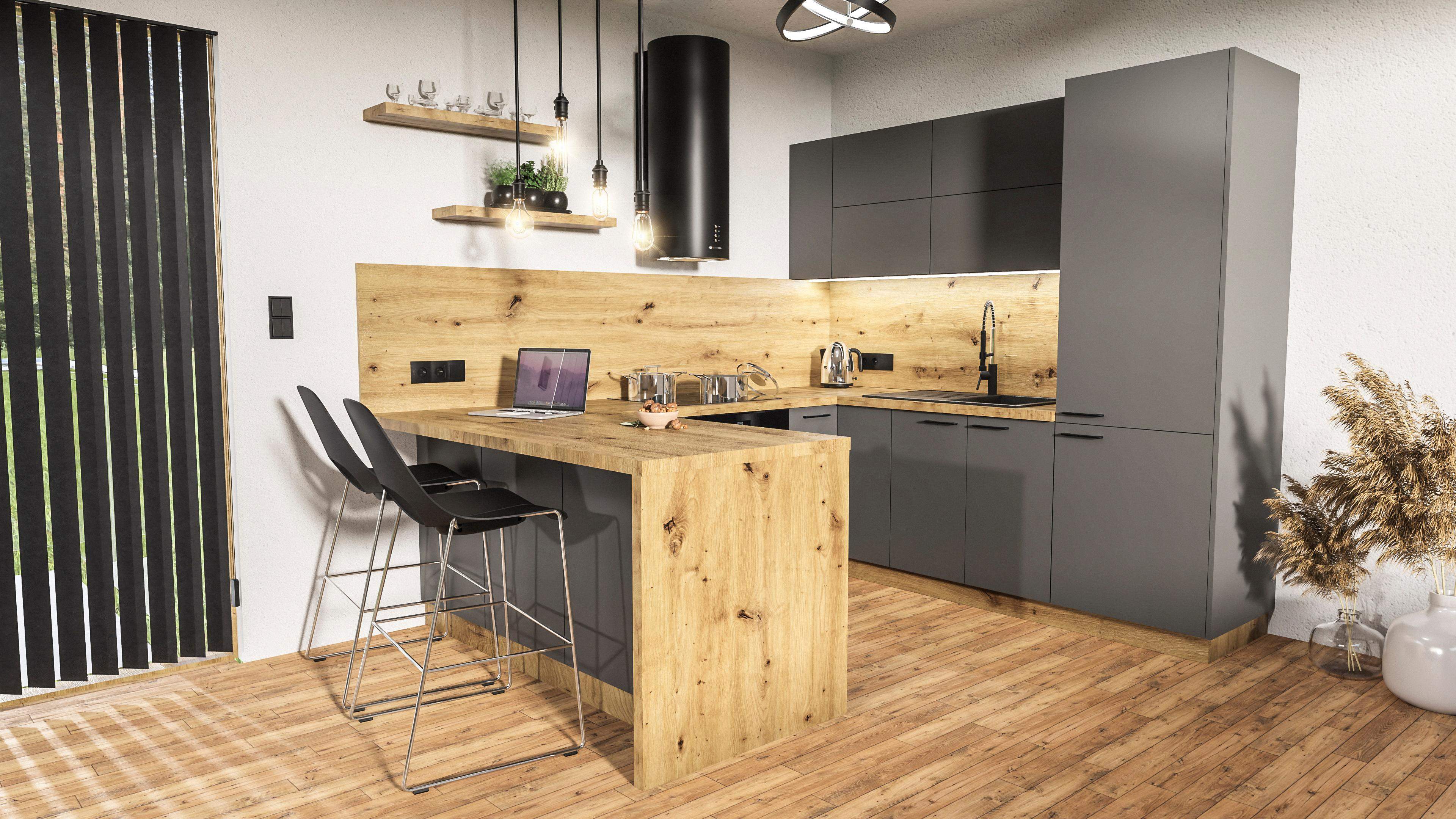 szara prosta kuchnia LOFT z drewnianym blatem 