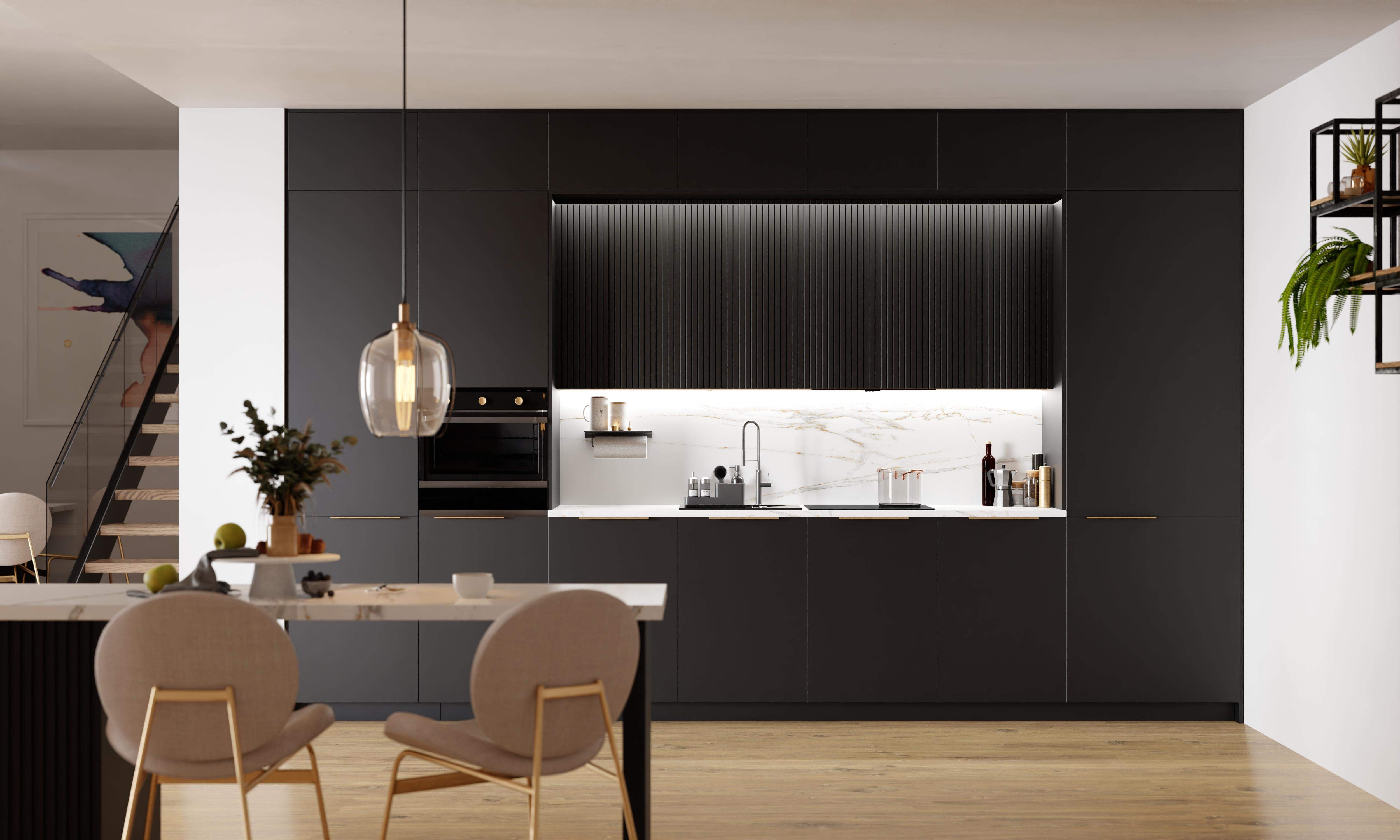 czarna kuchnia na wymiar LOFT z ryflowanymi szafkami 