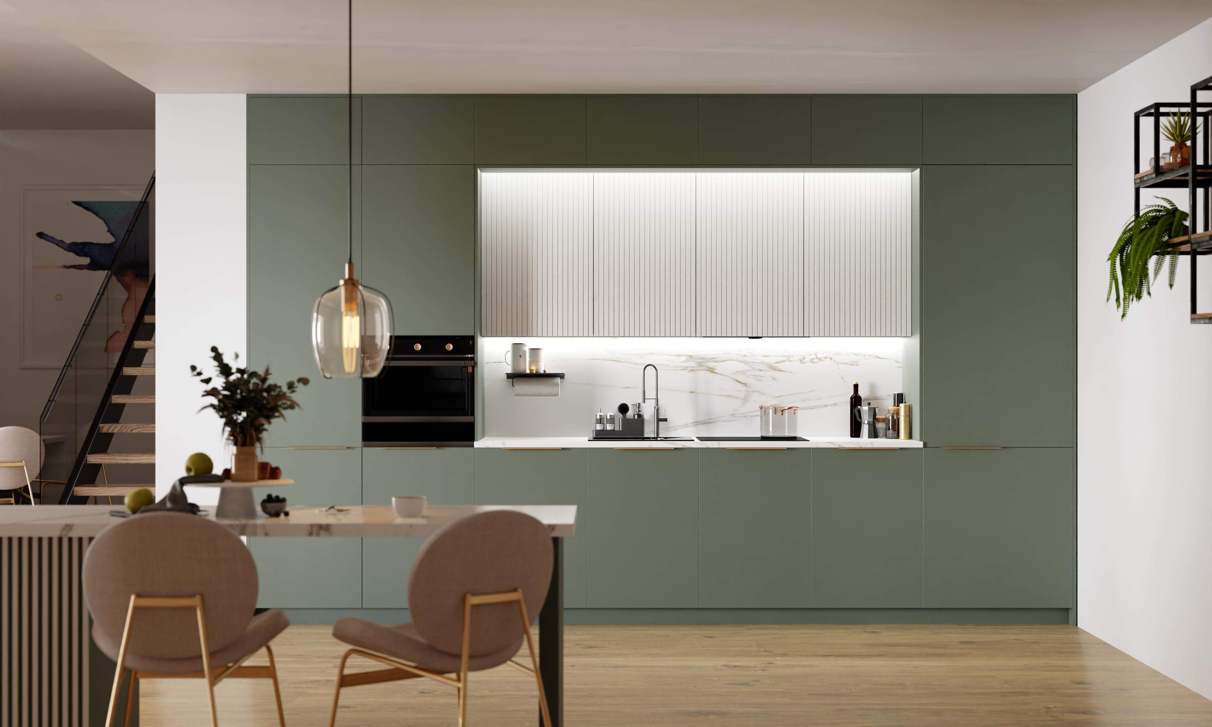 oliwkowa kuchnia na wymiar LOFT z ryflowanymi szafkami 