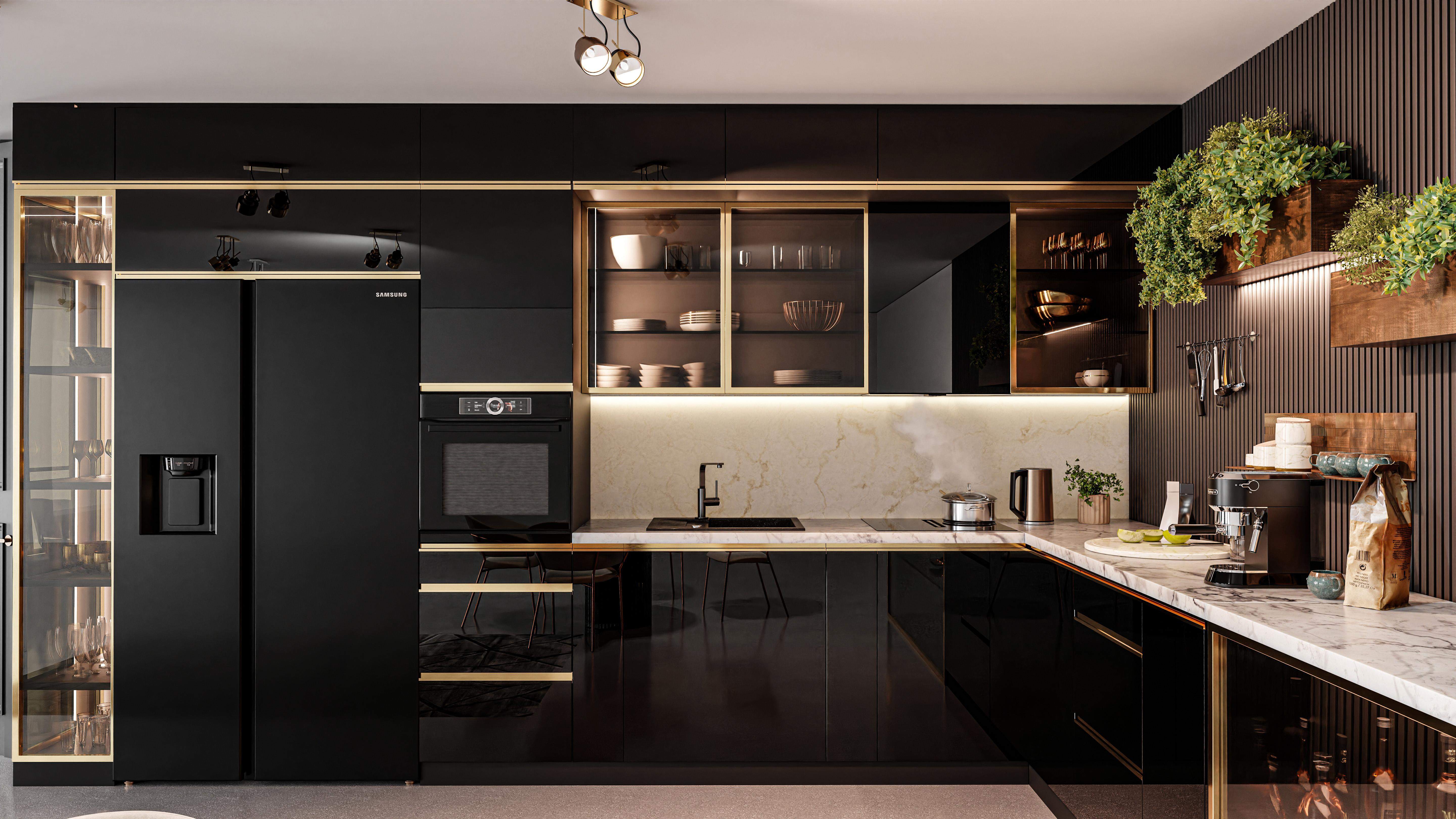 Czarna kuchnia w połysku ze złotymi uchwytami  na wymiar  i witrynami 