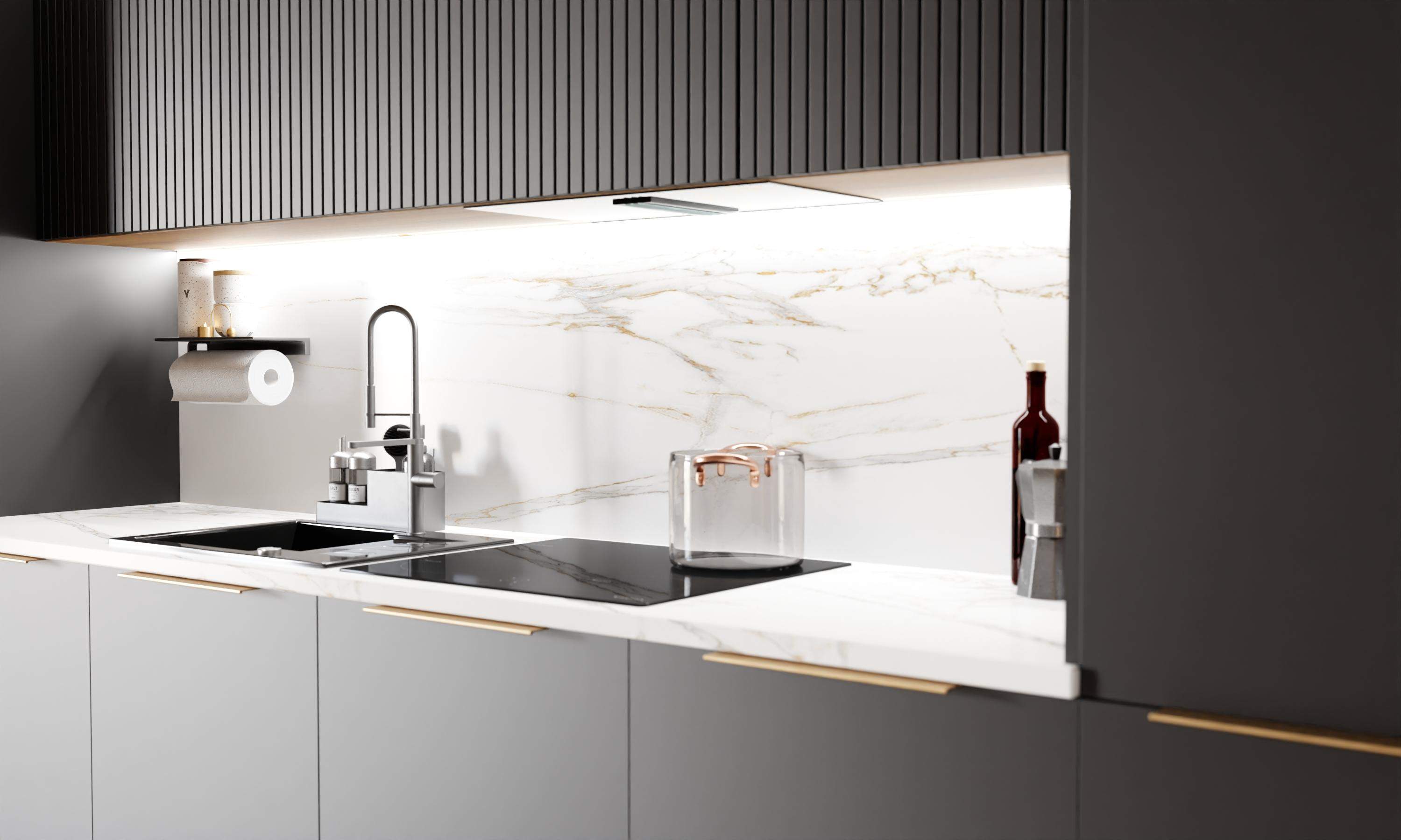 czarna kuchnia na wymiar LOFT z ryflowanymi szafkami 