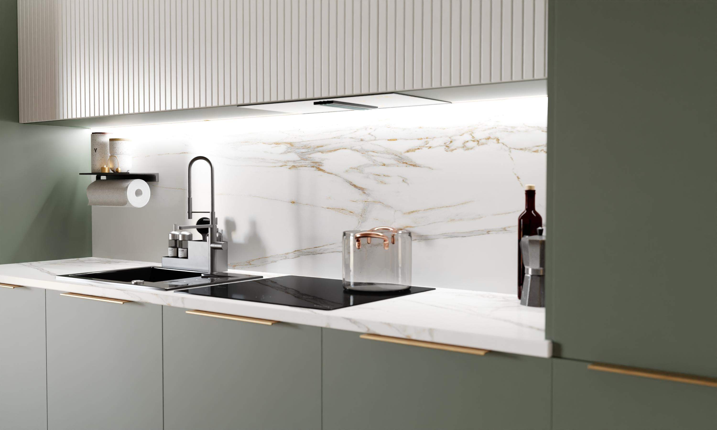 oliwkowa kuchnia na wymiar LOFT z ryflowanymi szafkami 