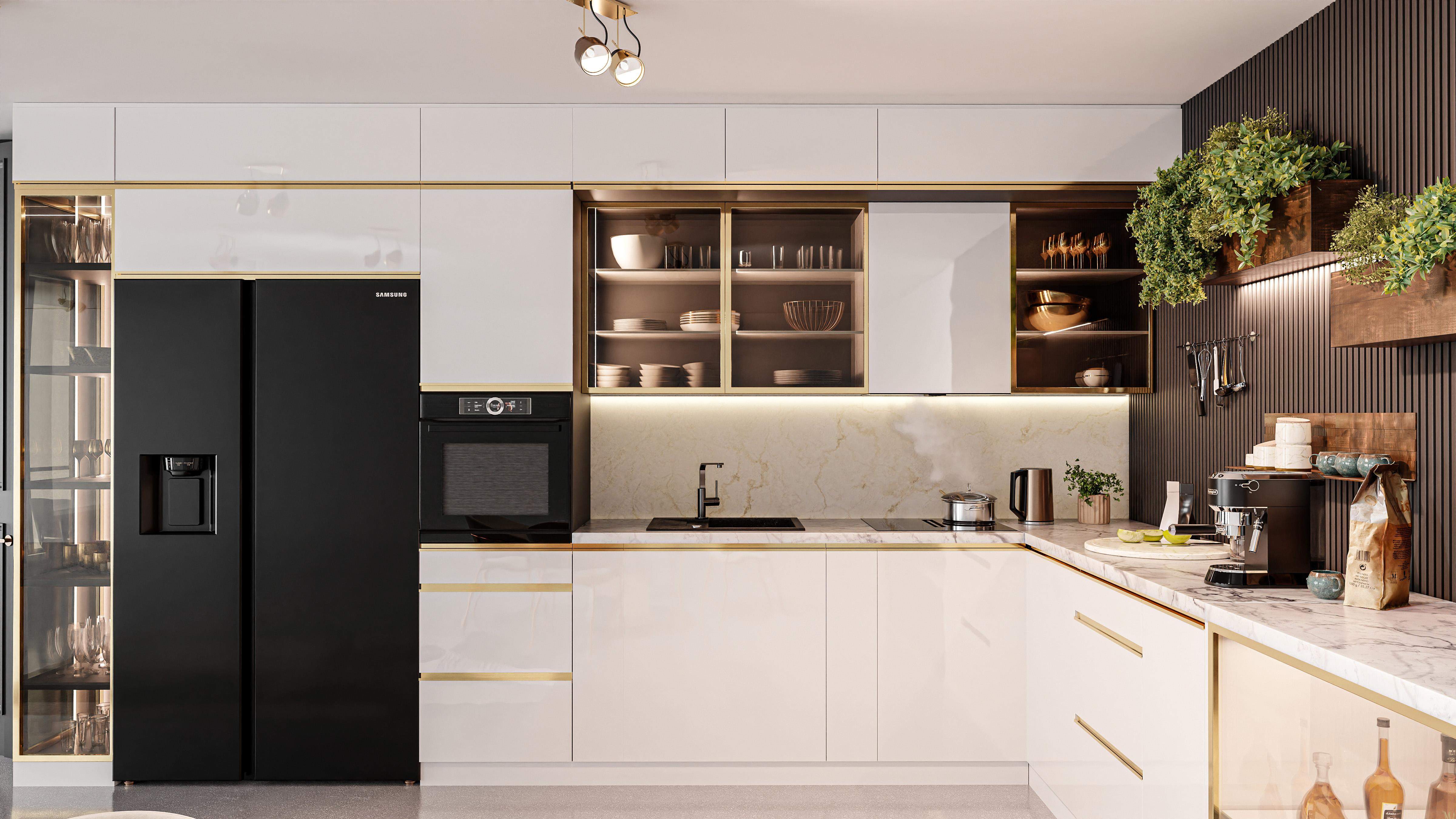 biała błyszcząca kuchnia na wymiar z  witrynami z dymionym szkłem 