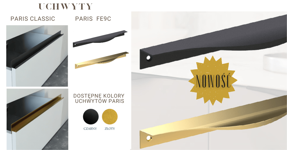 Dostępne uchwyty Paris do kuchni na wymiar w kolorystyce czarnej i złotej 