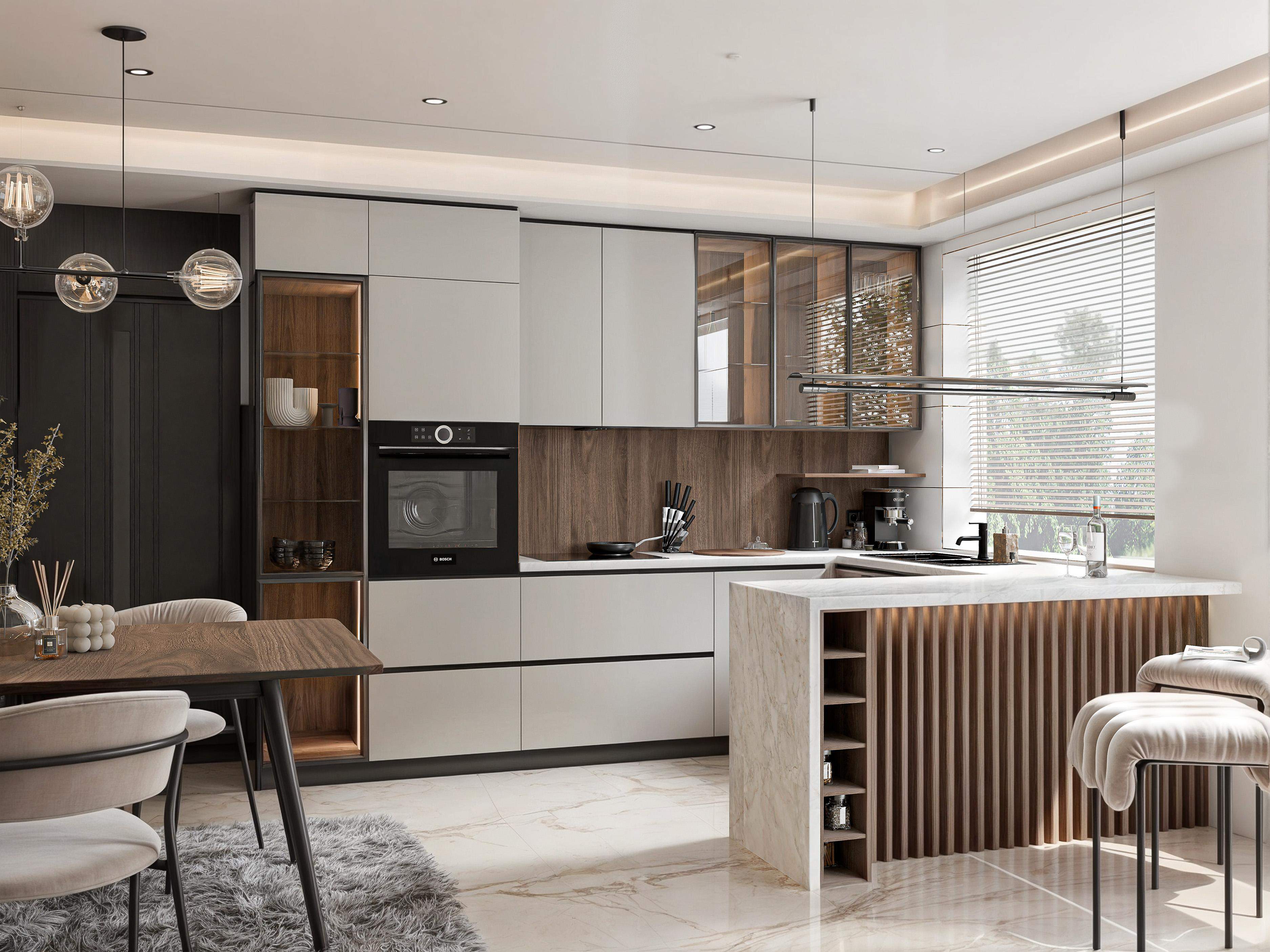 Jasna kuchnia na wymiar z wyspą i białymi blatami 