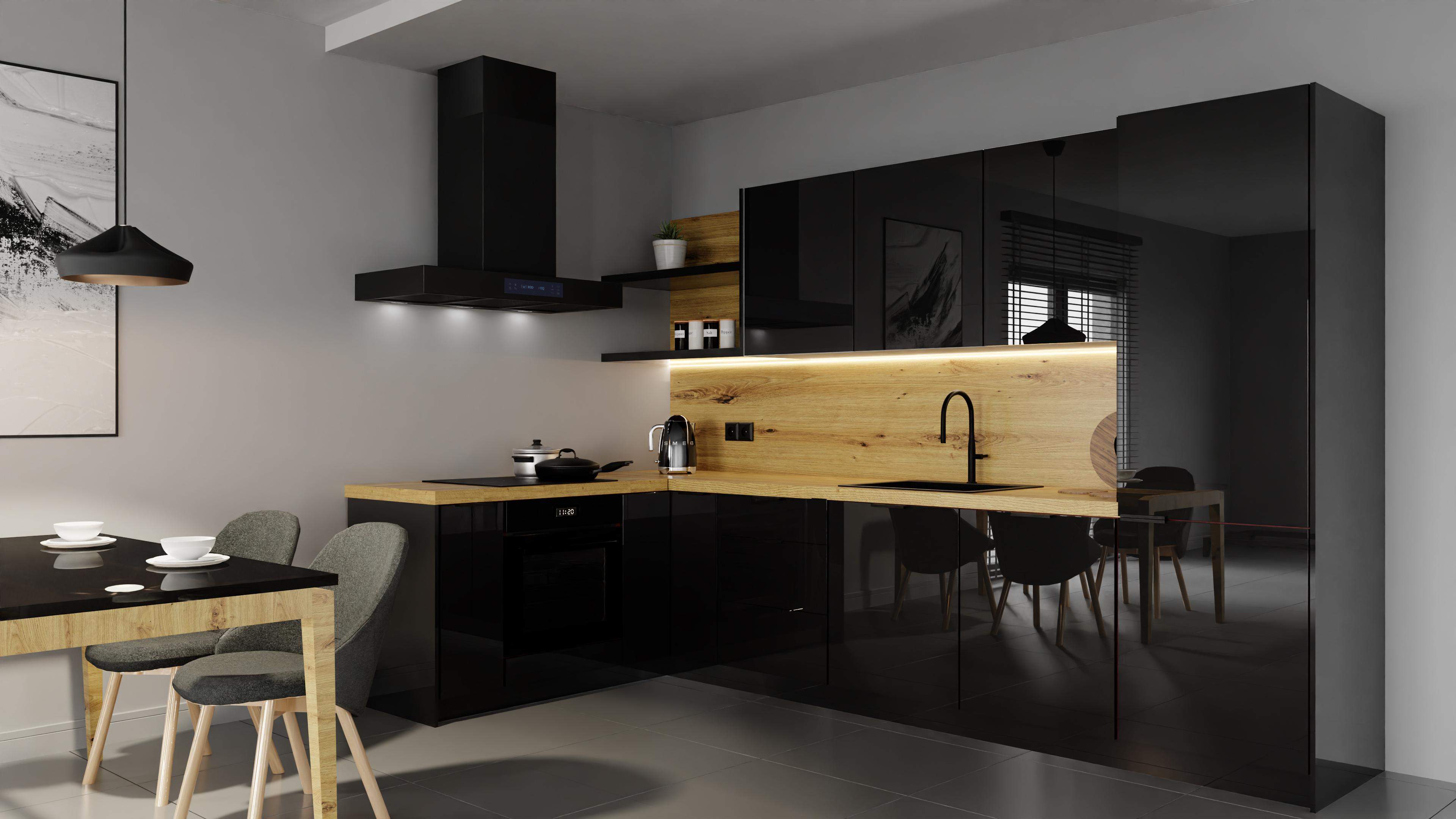 czarna w połysku kuchnia na wymiar  z drewnopodobnym wykończeniem 