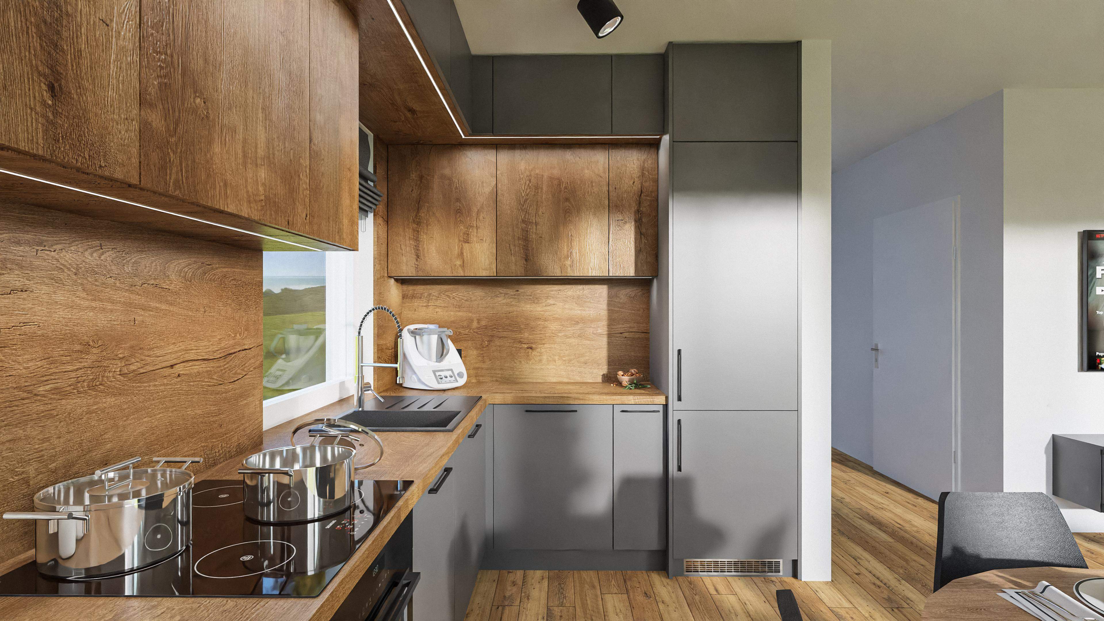 szara prosta kuchnia LOFT z drewnianym blatem 