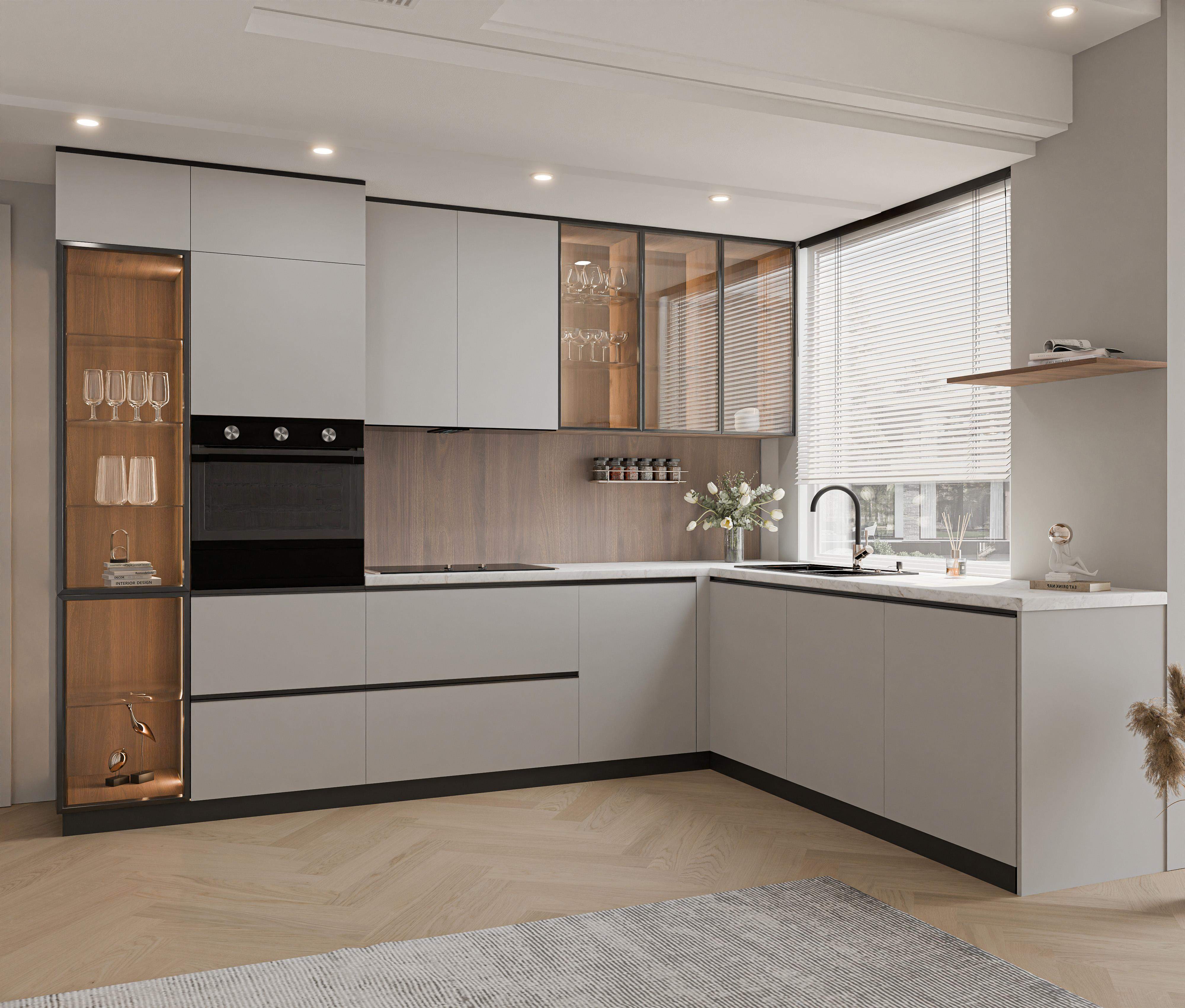 minimalistyczna kuchnia na wymiar matowa jasna z wysoka witryną 