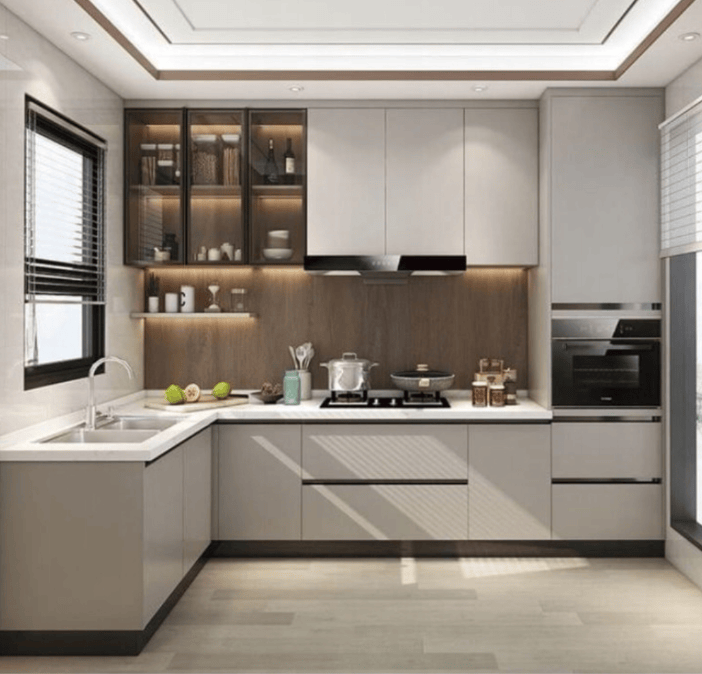 Kaszmirowa minimalistyczna kuchnia PARIS z białym blatem 