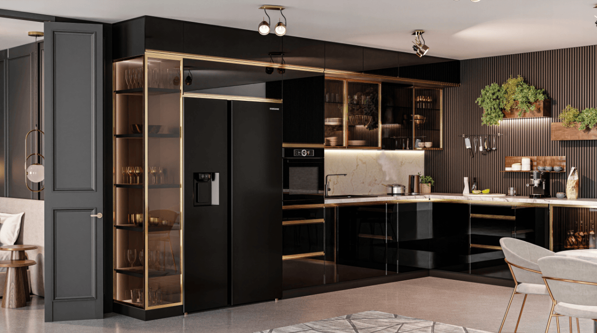 Czarna kuchnia w połysku ze złotymi uchwytami  na wymiar  i witrynami 