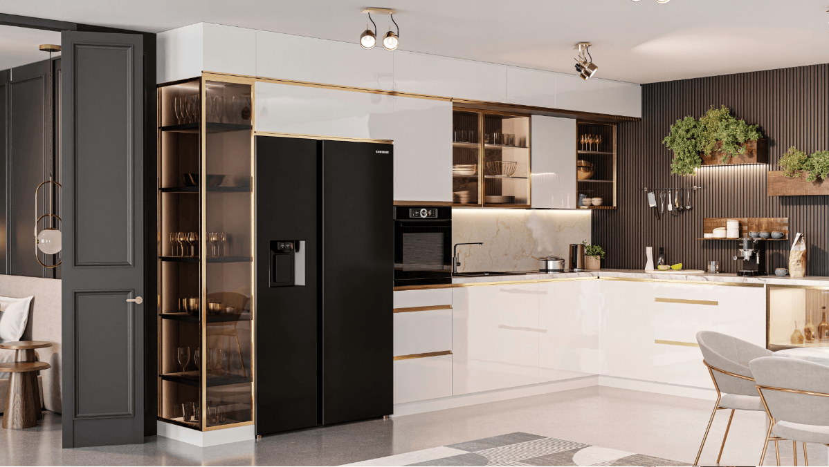 Biała błyszcząca elegancka kuchnia ze złotymi uchwytami 