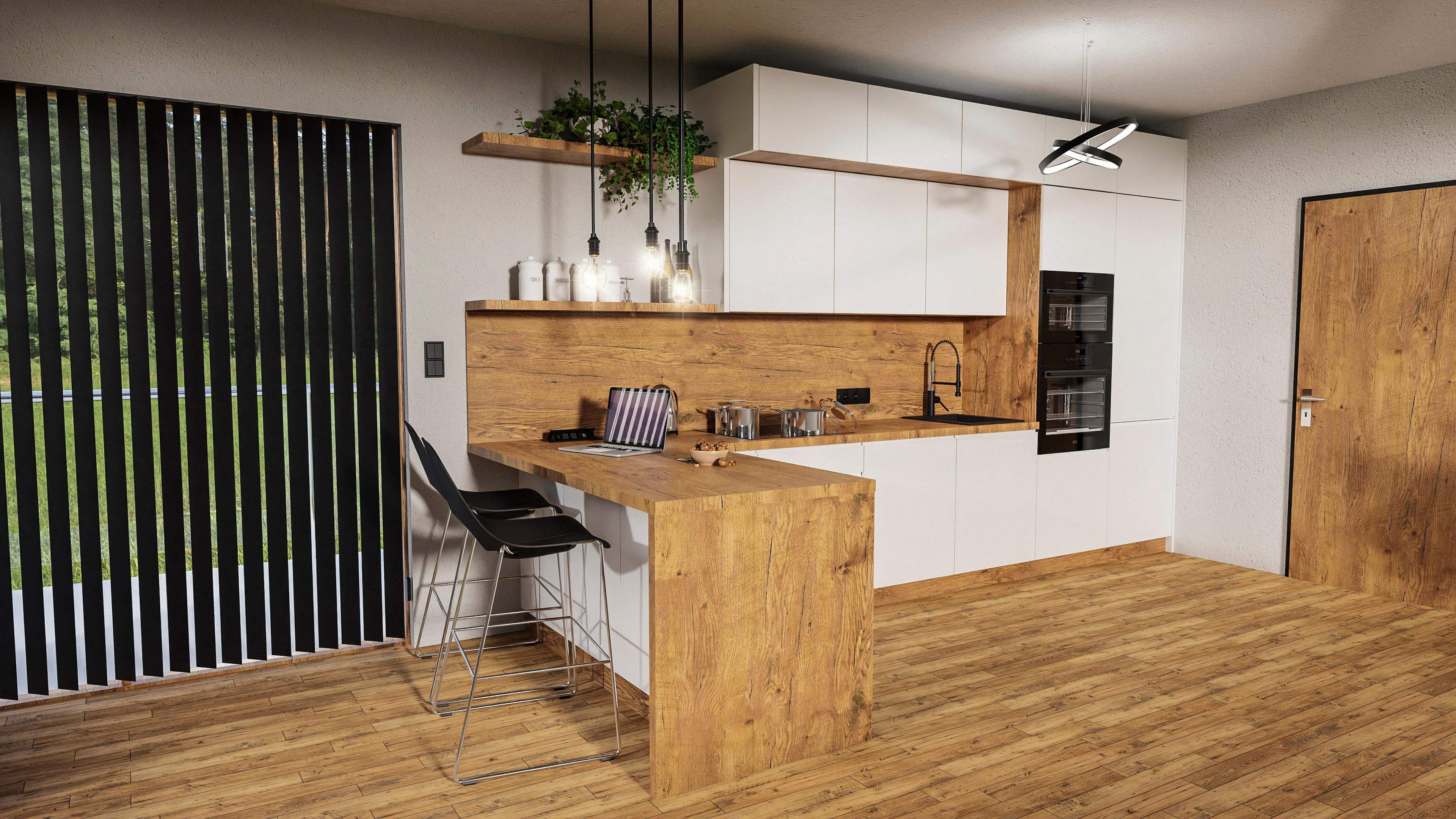 Biała kuchnia lakierowana z frezowanym uchwytem oraz drewnianym wykończeniem  na wymiar 