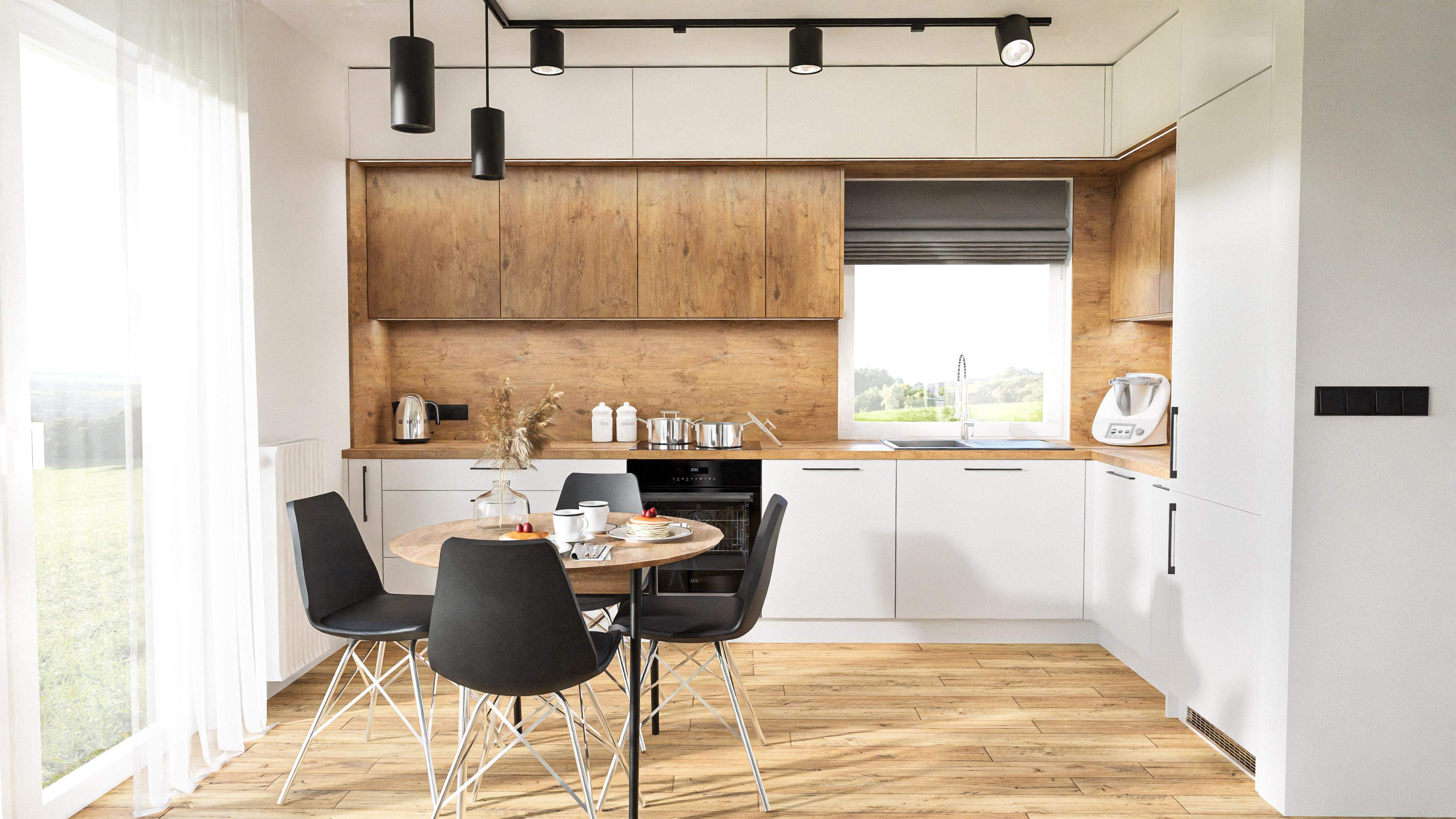 BIAŁA prosta kuchnia LOFT z drewnianym blatem 