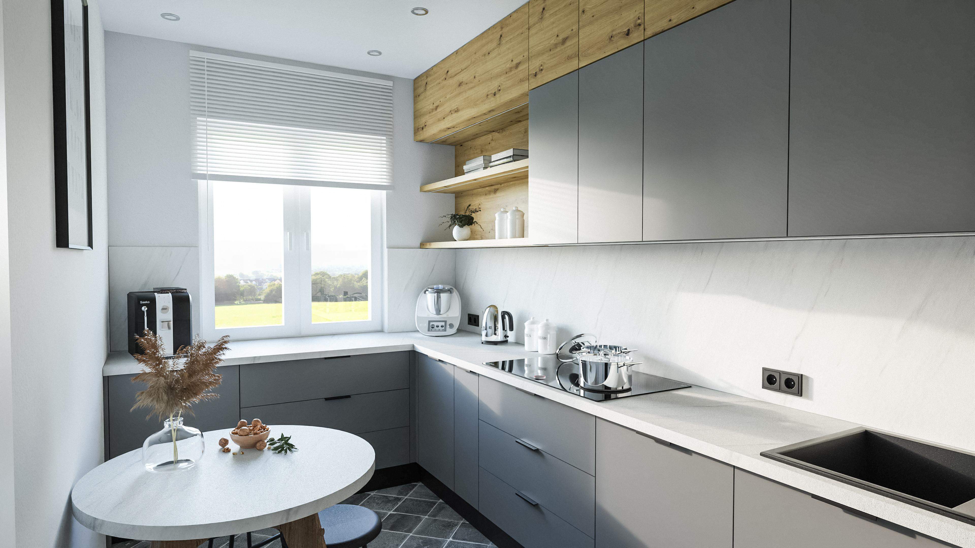 SZARA prosta kuchnia LOFT z MARMUROWYM BIAŁYM blatem TANIA