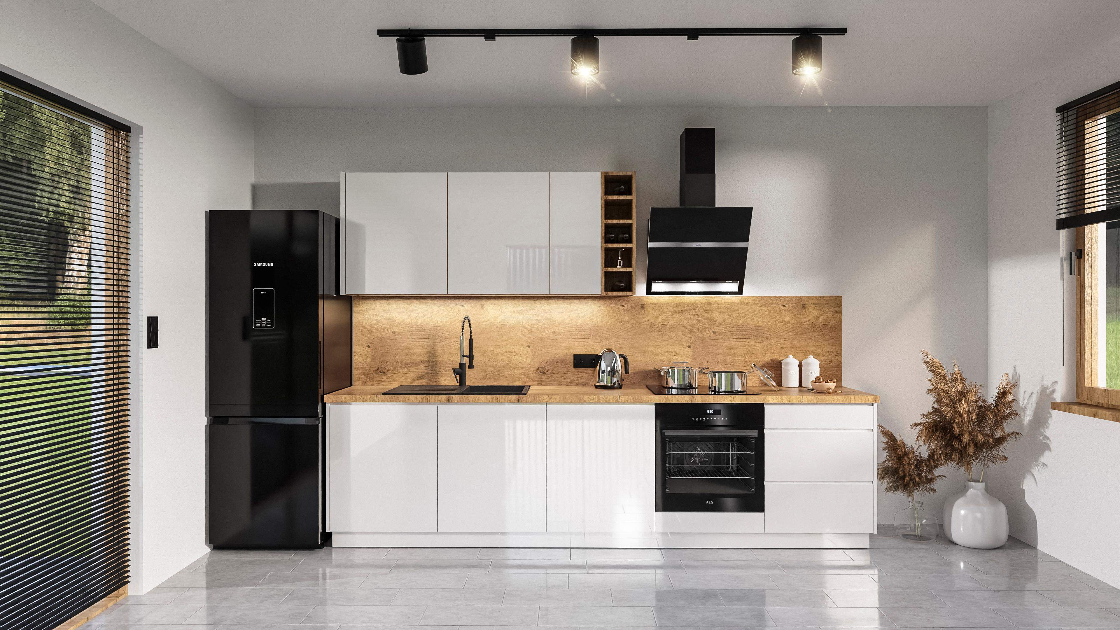 Biała kuchnia lakierowana z frezowanym uchwytem oraz drewnianym wykończeniem  na wymiar 