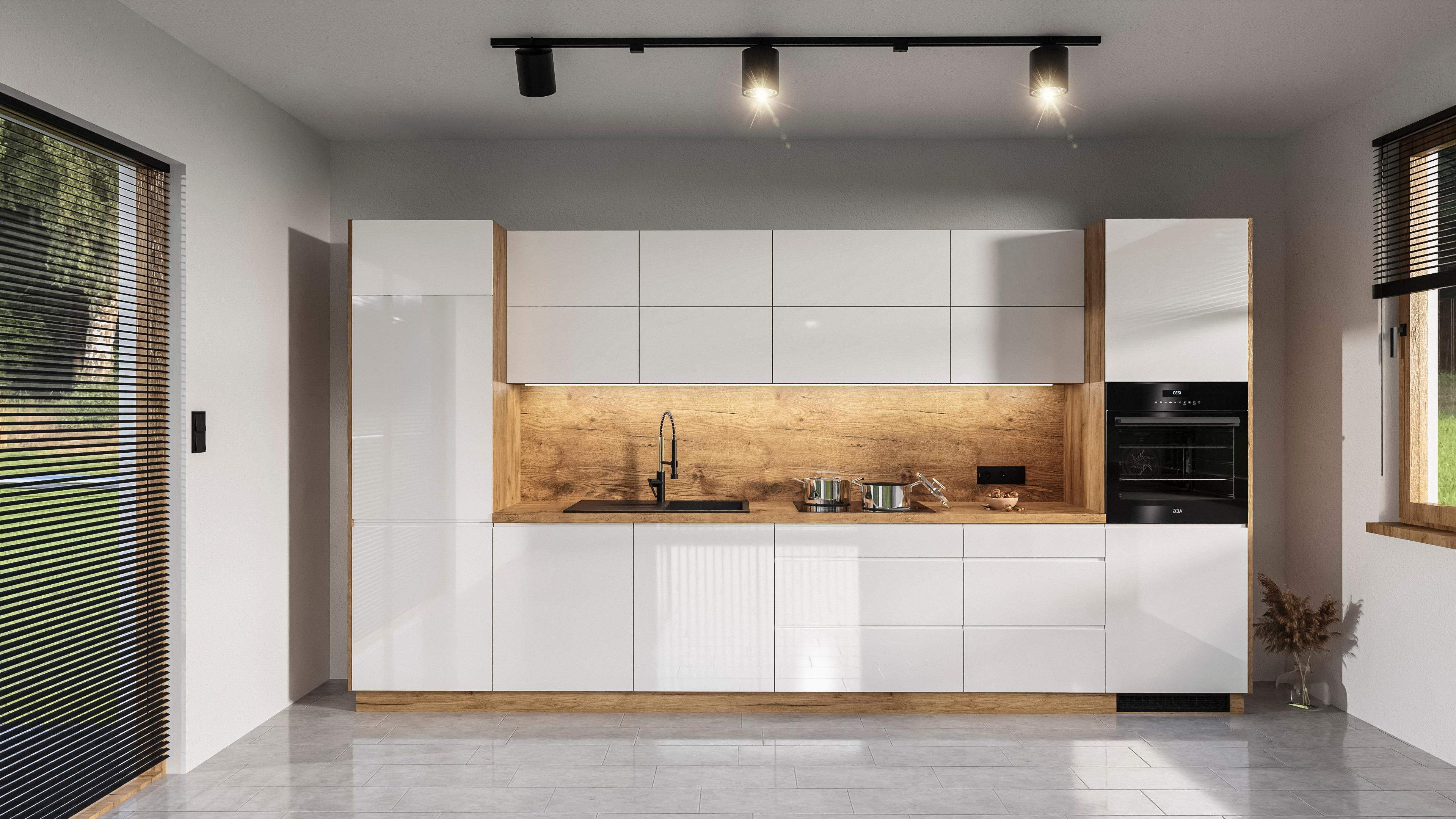 Biała kuchnia lakierowana z frezowanym uchwytem oraz drewnianym wykończeniem  na wymiar 